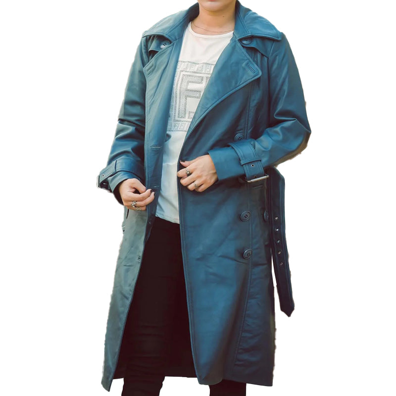 Women’s Double Breasted Blue Leather Trench Coat