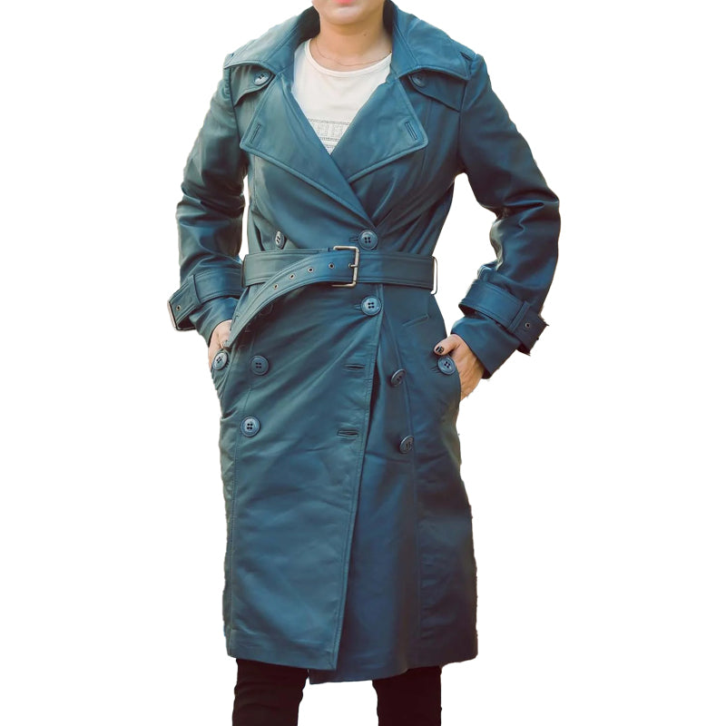 Women’s Double Breasted Blue Leather Trench Coat