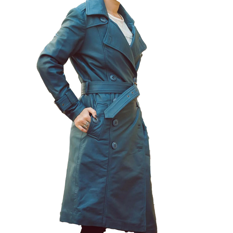 Women’s Double Breasted Blue Leather Trench Coat