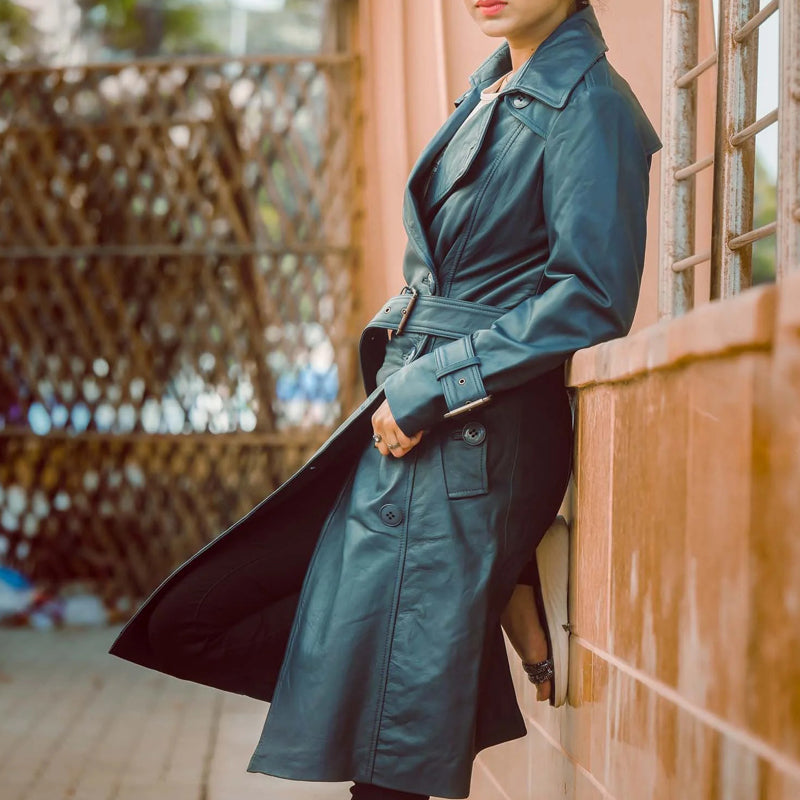 Women’s Double Breasted Blue Leather Trench Coat