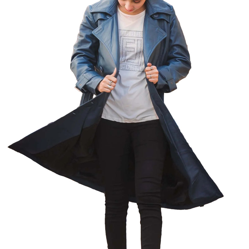 Women’s Double Breasted Blue Leather Trench Coat