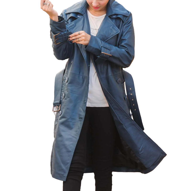 Women’s Double Breasted Blue Leather Trench Coat
