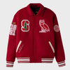 2024 October’s Very Own OVO Campus Red Wool Varsity Jacket Front