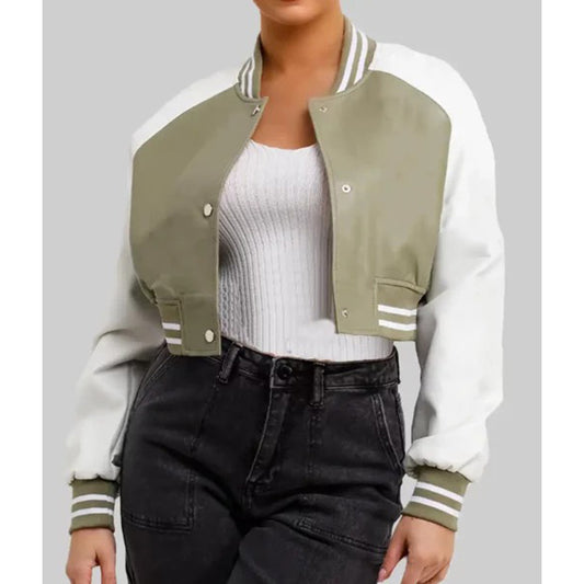 Women’s Olive Green and White Leather Varsity Jacket