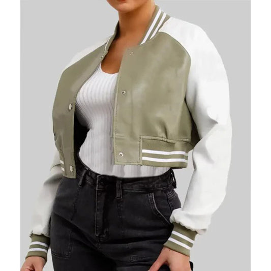 Women’s Olive Green and White Leather Varsity Jacket