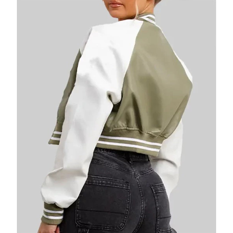 Women’s Olive Green and White Leather Varsity Jacket