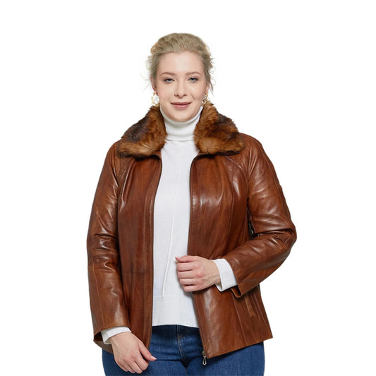 Women’s Real Brown Leather Fur Collar Jacket