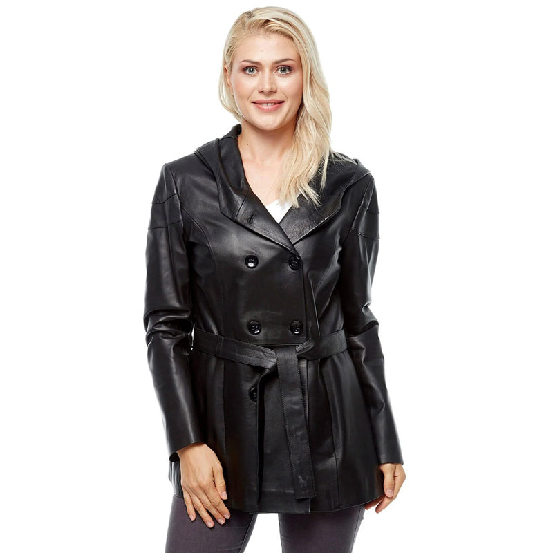 Women’s Real Black Leather Hooded Belted Coat