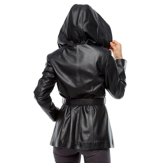 Women’s Real Black Leather Hooded Belted Coat