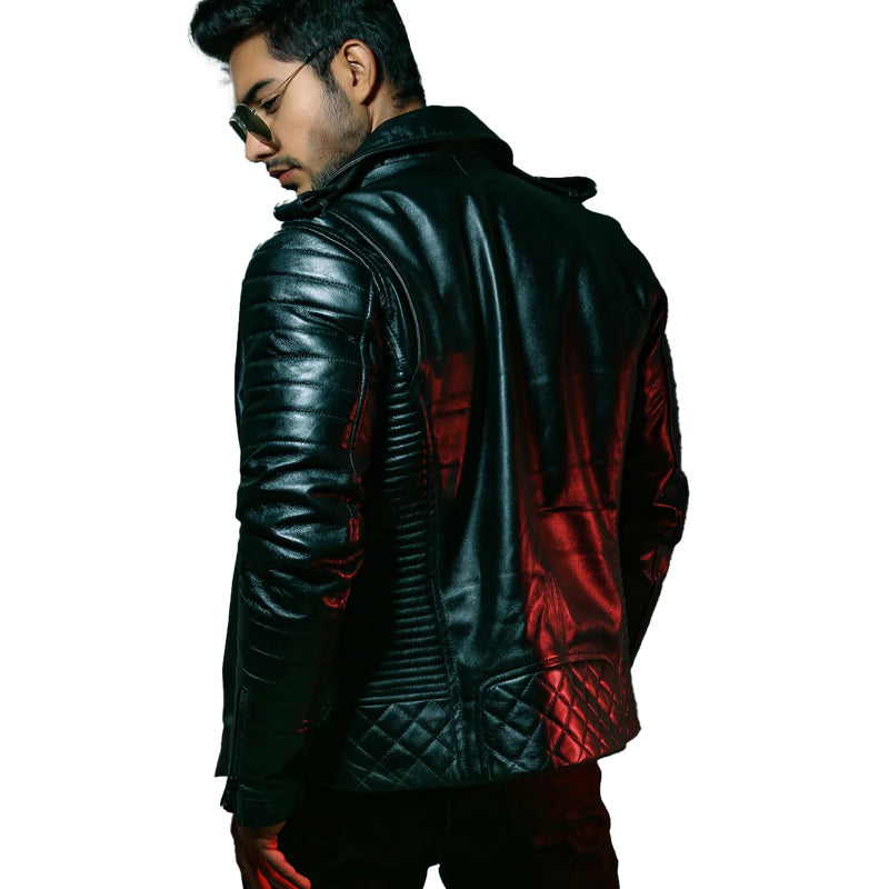 Mens Quilted Black Motorcycle Leather Jacket