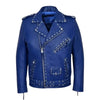 Blue Studded Biker Leather Jacket