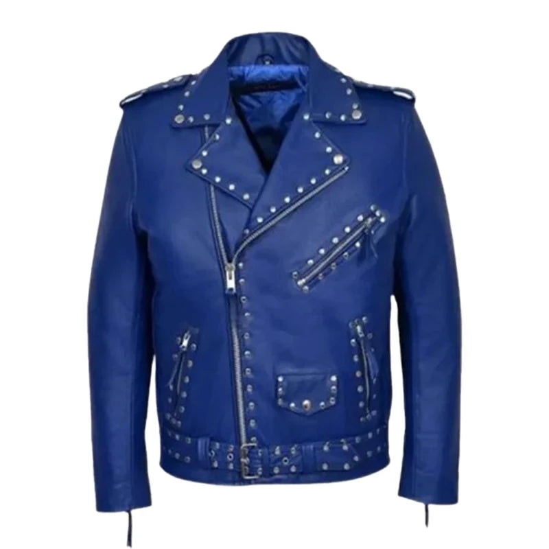 Blue Studded Biker Leather Jacket