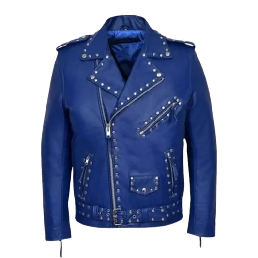 Blue Studded Biker Leather Jacket