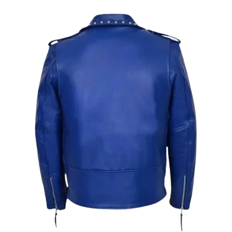 Blue Studded Biker Leather Jacket
