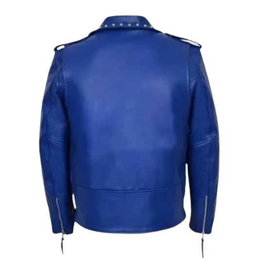 Blue Studded Biker Leather Jacket