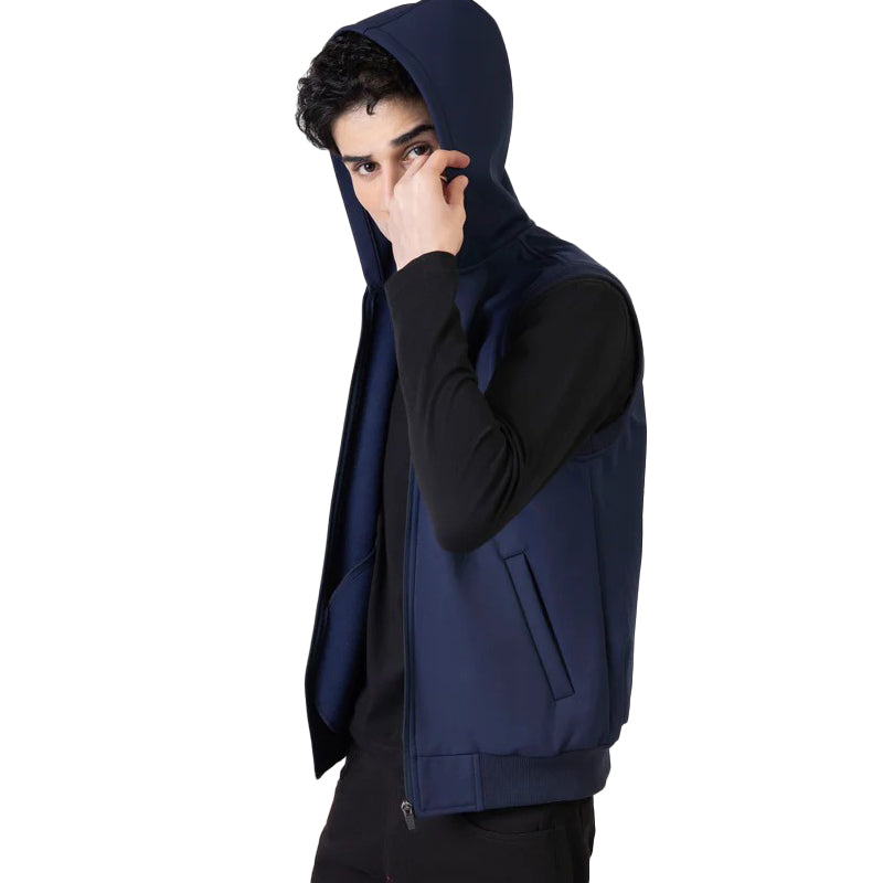 Blue Sleeveless Zipper Jacket With Hoodie