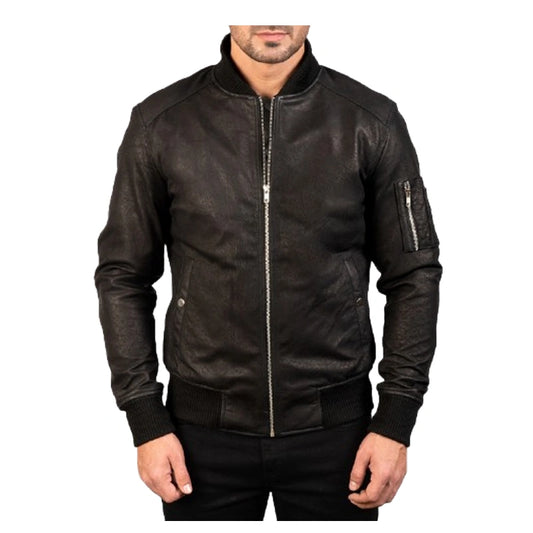 Bomia Ma-1 Distressed Black Leather Bomber Jacket