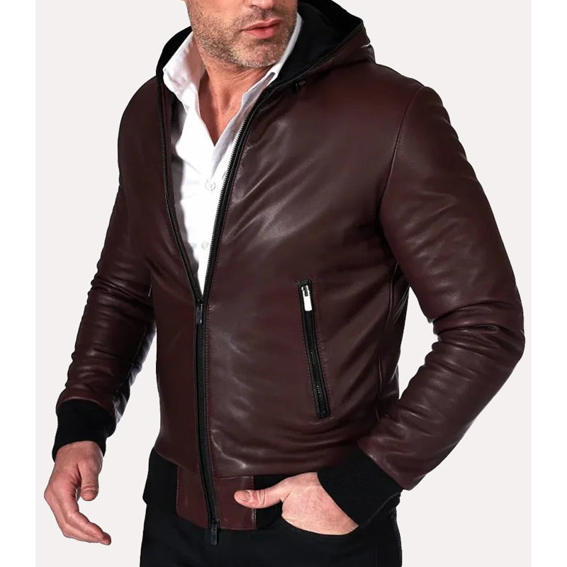 Men’s Bomber Hooded Leather Jacket