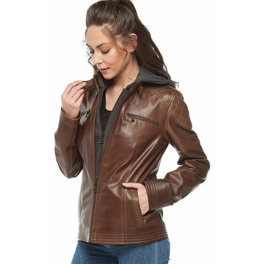 Women’s Real Chocolate Brown Leather Hooded Jacket