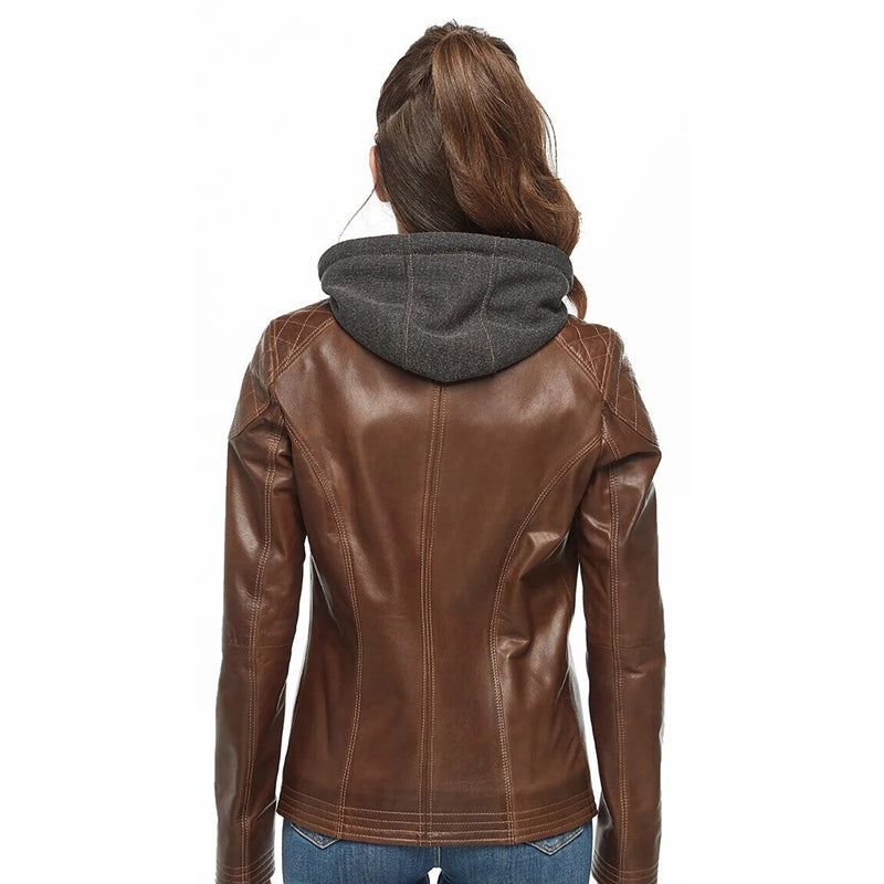 Women’s Real Chocolate Brown Leather Hooded Jacket