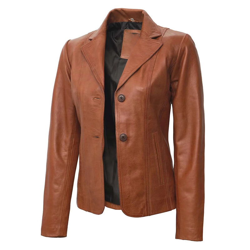 Women’s Two Button Tan Leather Blazer Jacket