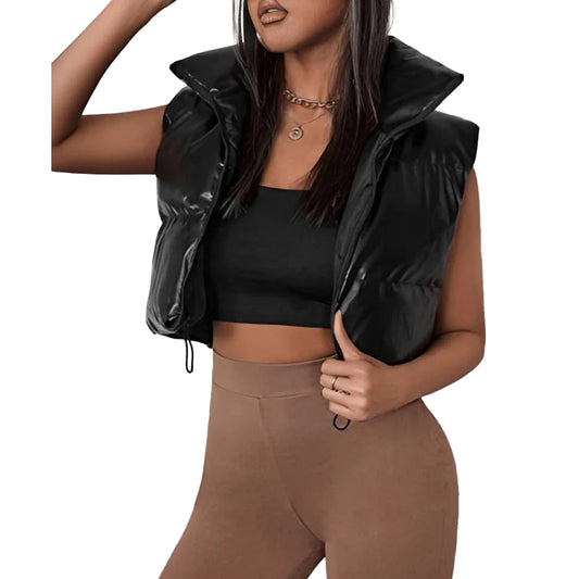 Womens-Cropped-Puffer-Leather-Vest