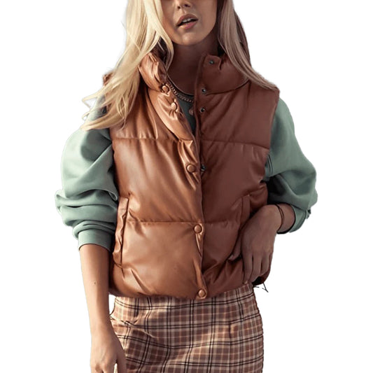 Women’s-Puffer-Leather-Vest-In-Brown