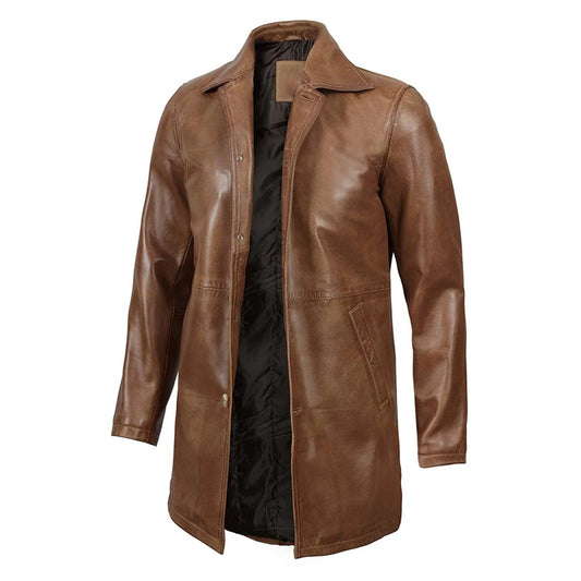 Men’s Real Leather Camel Brown 3 4 Length Car Coat