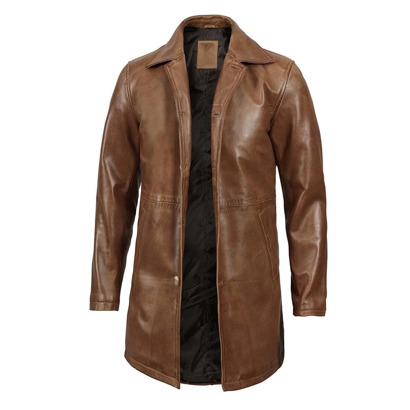 Men’s Real Leather Camel Brown 3 4 Length Car Coat