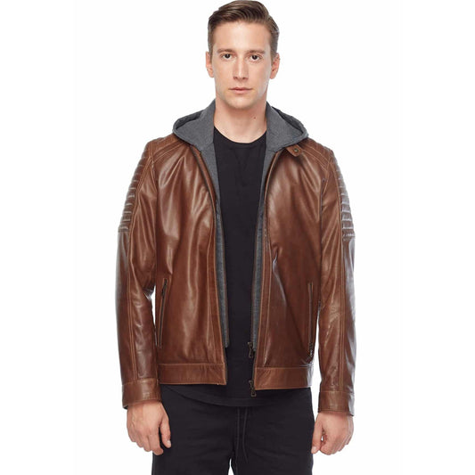 Men’s Real Brown Leather Hooded Jacket