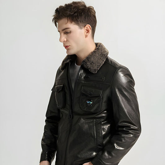 Men’s Casual Plain Leather Jackets With Lamb Fur Collar
