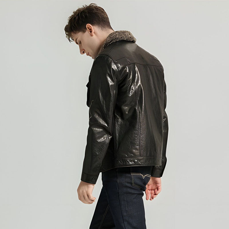 Men’s Casual Plain Leather Jackets With Lamb Fur Collar