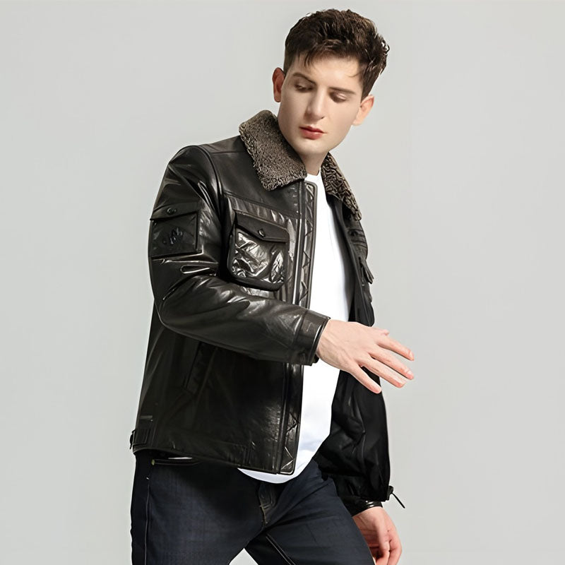 Men’s Casual Plain Leather Jackets With Lamb Fur Collar
