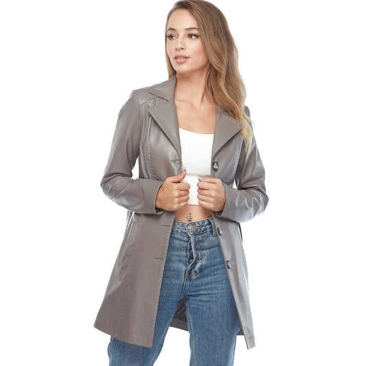 Women’s Real Grey Leather Long Coat