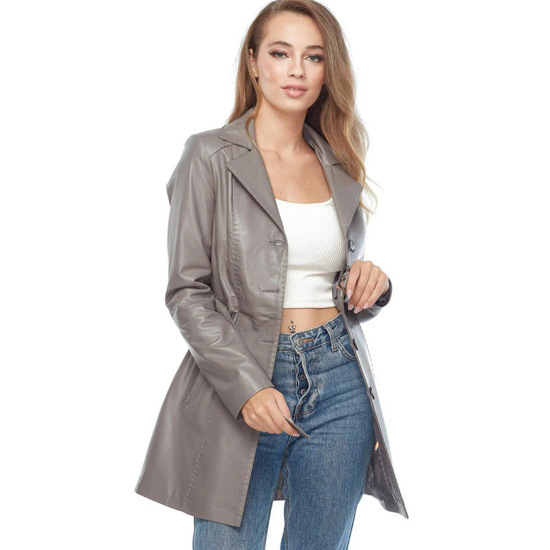 Women’s Real Grey Leather Long Coat