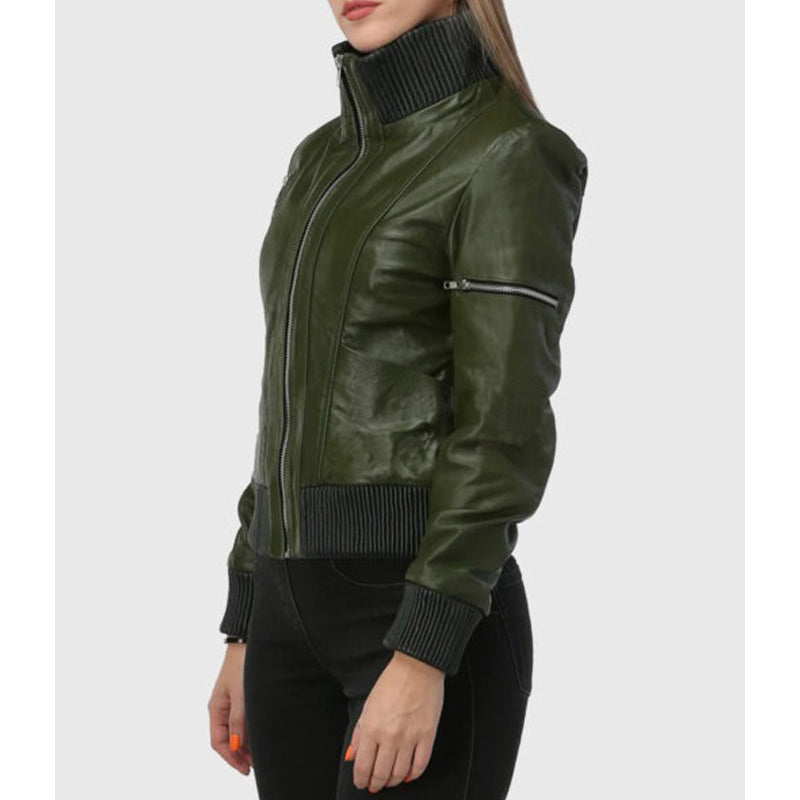 Womens Green Bomber Leather Jacket