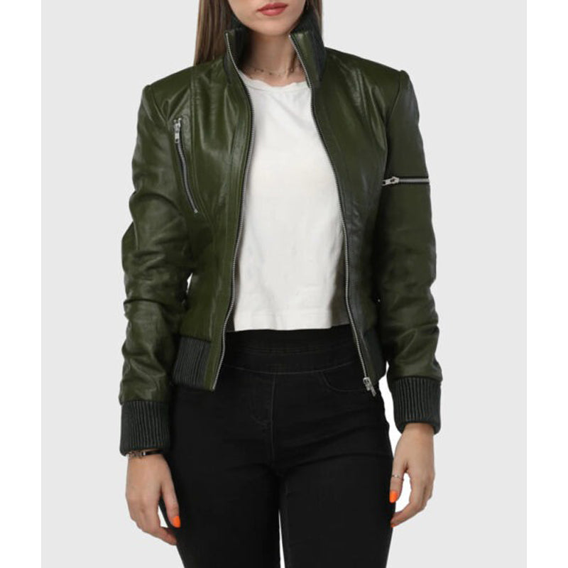 Womens Green Bomber Leather Jacket