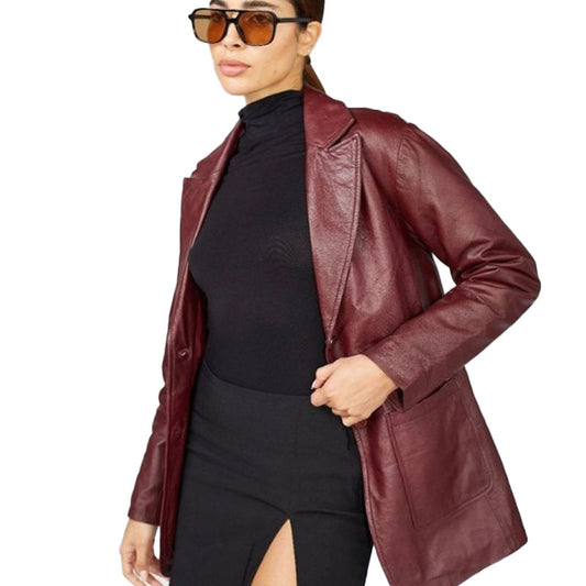 Chic Women's Maroon Leather Blazer