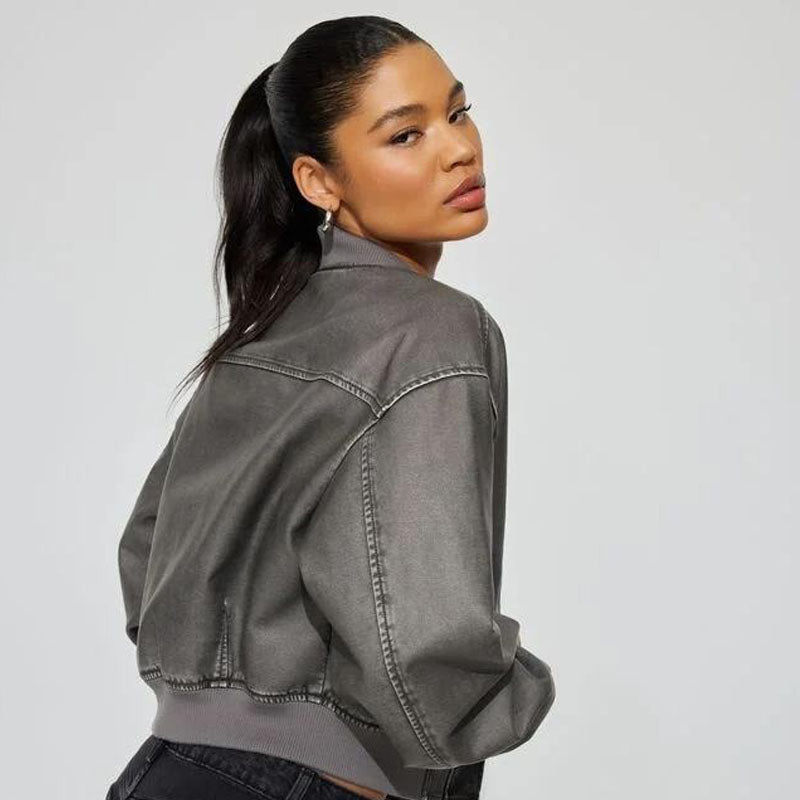 Crop Washed Faux Leather Bomber Jacket