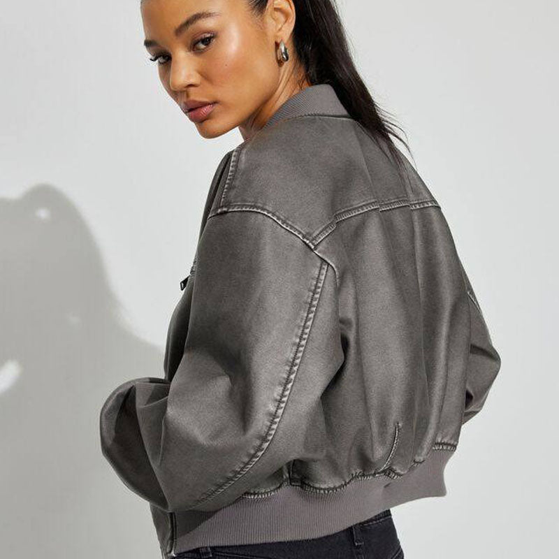Crop Washed Faux Leather Bomber Jacket