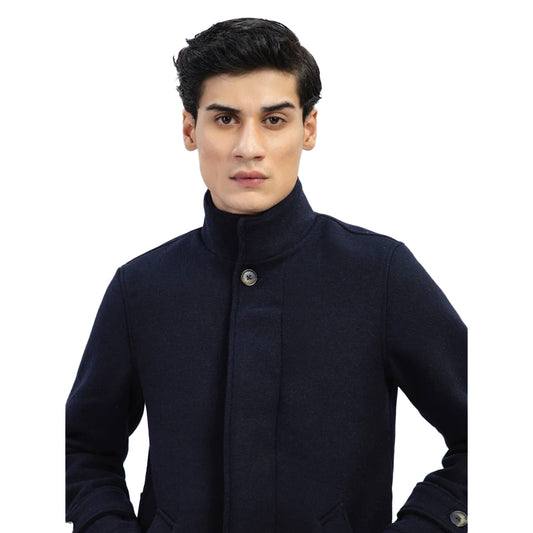 Dark Blue Wool Blended Long Coat