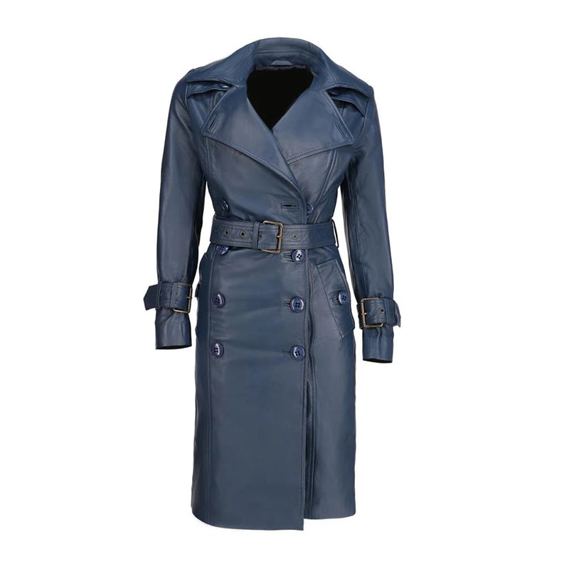 Women's Double Breasted Blue Leather Trench Coat