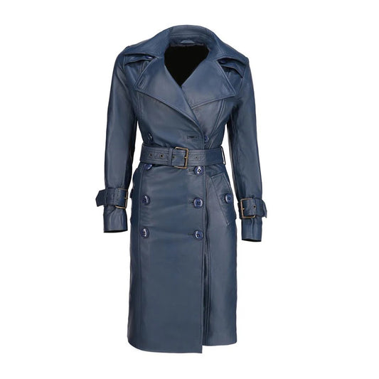 Women's Double Breasted Blue Leather Trench Coat