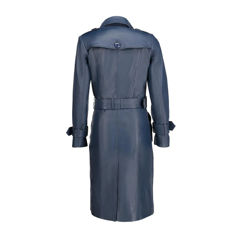 Women’s Double Breasted Blue Leather Trench Coat