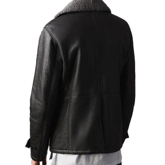 Mens Shearling Double Breasted Black Pea Coat
