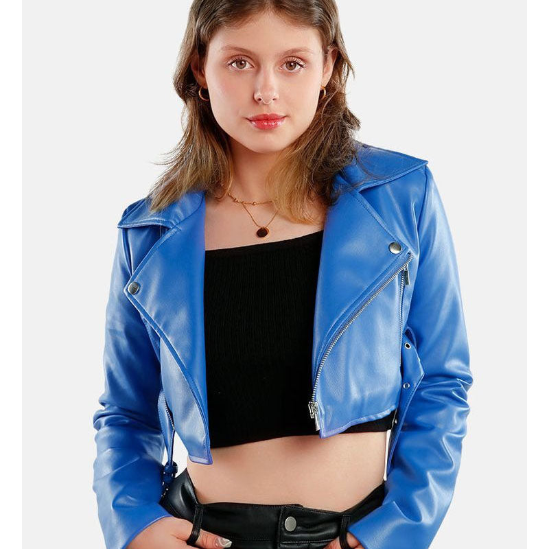 Faux Belted Cropped Leather Jacket