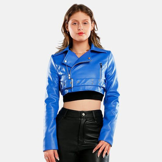 Faux Belted Cropped Leather Jacket