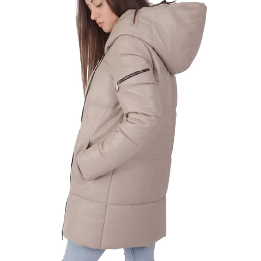 Women’s Cream Leather Puffer Jacket