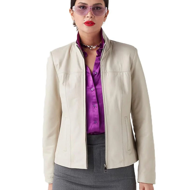 Women’s Real Beige Leather Classy Jacket