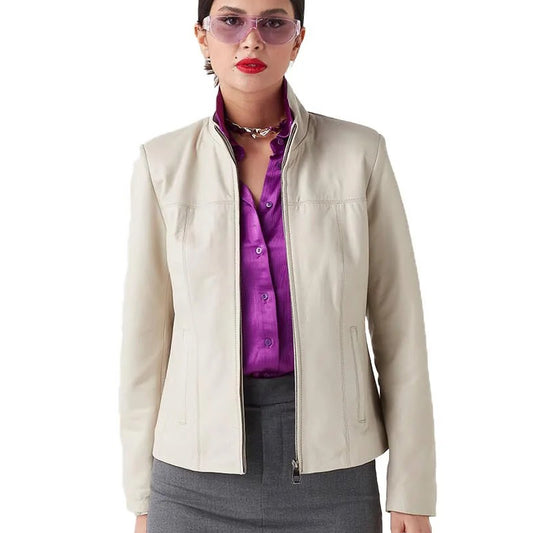 Women’s Real Beige Leather Classy Jacket